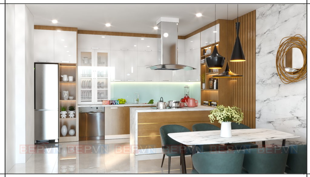 Điểm nhấn của thiết kế tủ bếp đến từ chiếc hút mùi và đèn trang trí