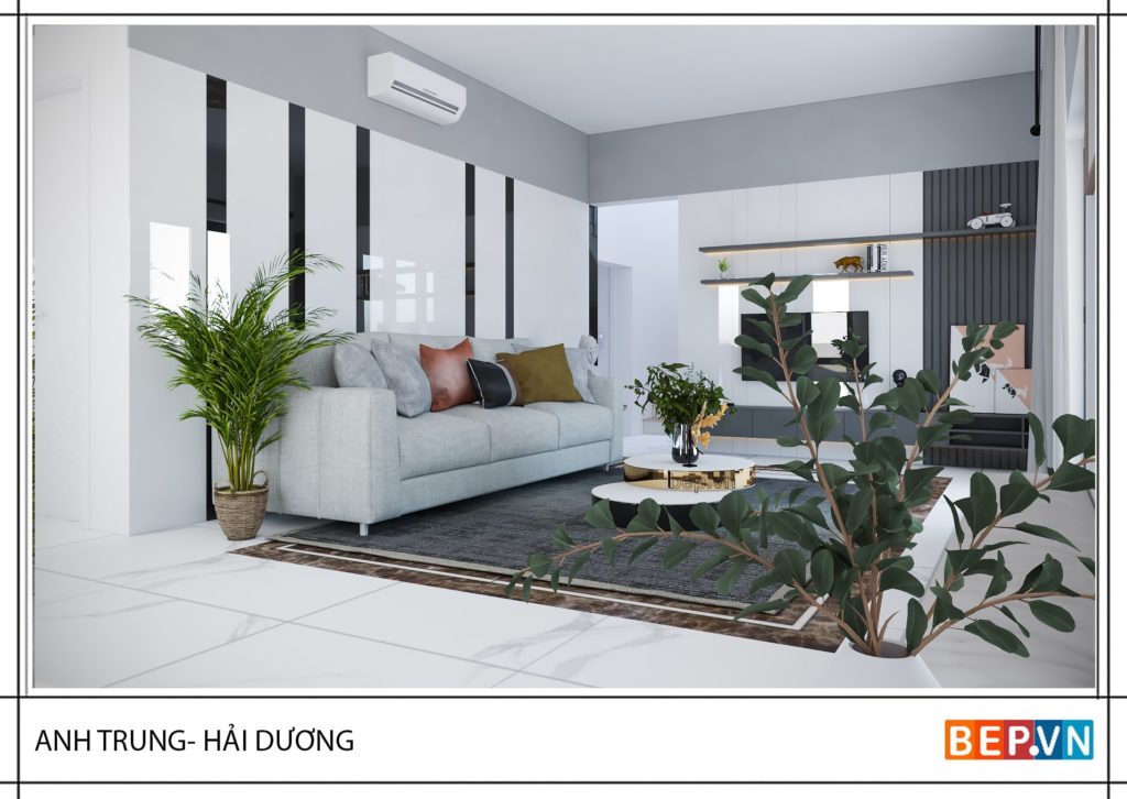 Hai gam mau sac chu dao cua phong khach la trang xam noi bat hien dai