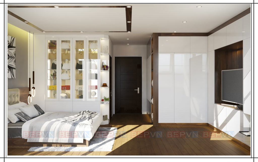 phòng ngủ chung cư được thiết kế thêm tủ kệ trang trí