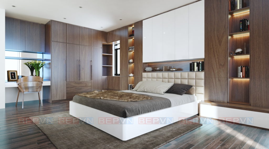 Chất liệu sử dụng cho thiết kế phòng ngủ chung cư là lamiante và acrylic