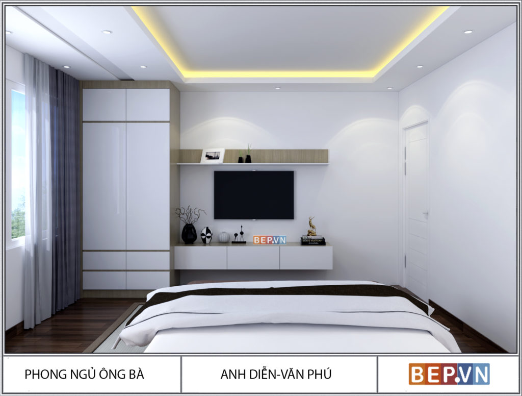 thiết kế phòng ngủ ông bà thêm kệ tivi, tủ quần áo
