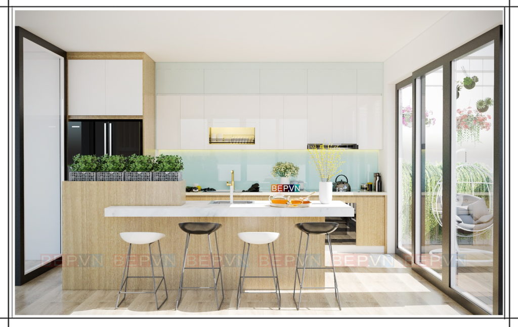 những chiếc ghế đẩu làm điểm nhấn cho thiết kế tủ bếp màu xanh
