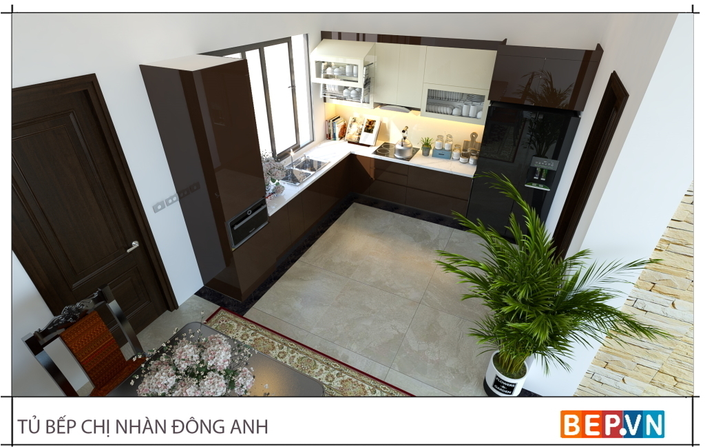 Tủ bếp với không gian rộng rãi giúp gia chủ tích hợp được hầu hết tất cả các phụ kiện tủ bếp hiện đại nhất .