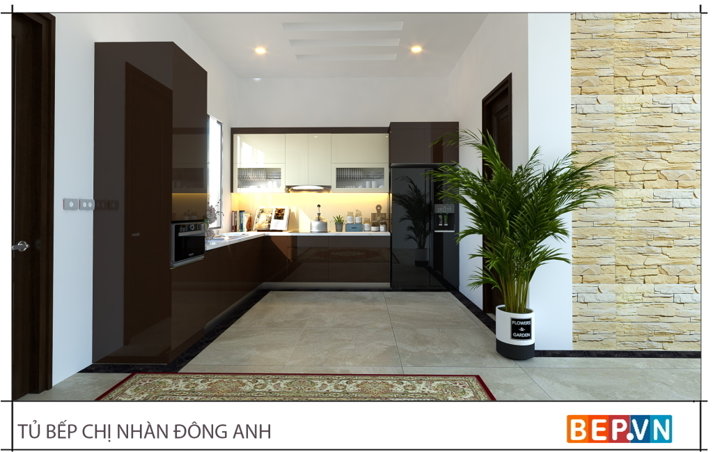 Thiết kế tủ bếp Acrylic chữ L gia đình chị nhàn được kết hợp màu vani và màu cà phê sang trọng, sạch sẽ