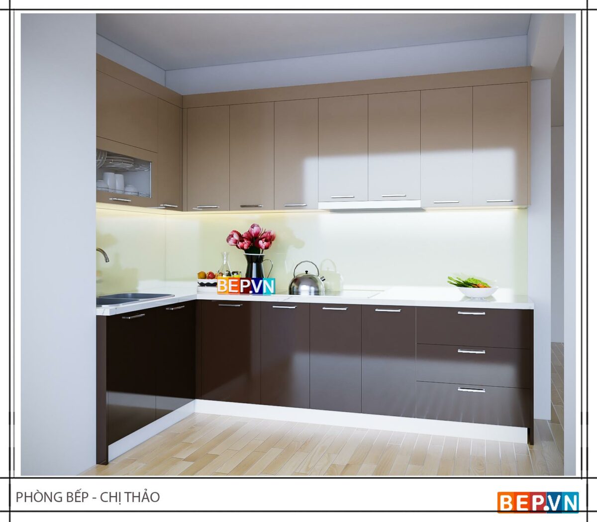 Tủ bếp Acrylic chữ L gia đình chị Thảo