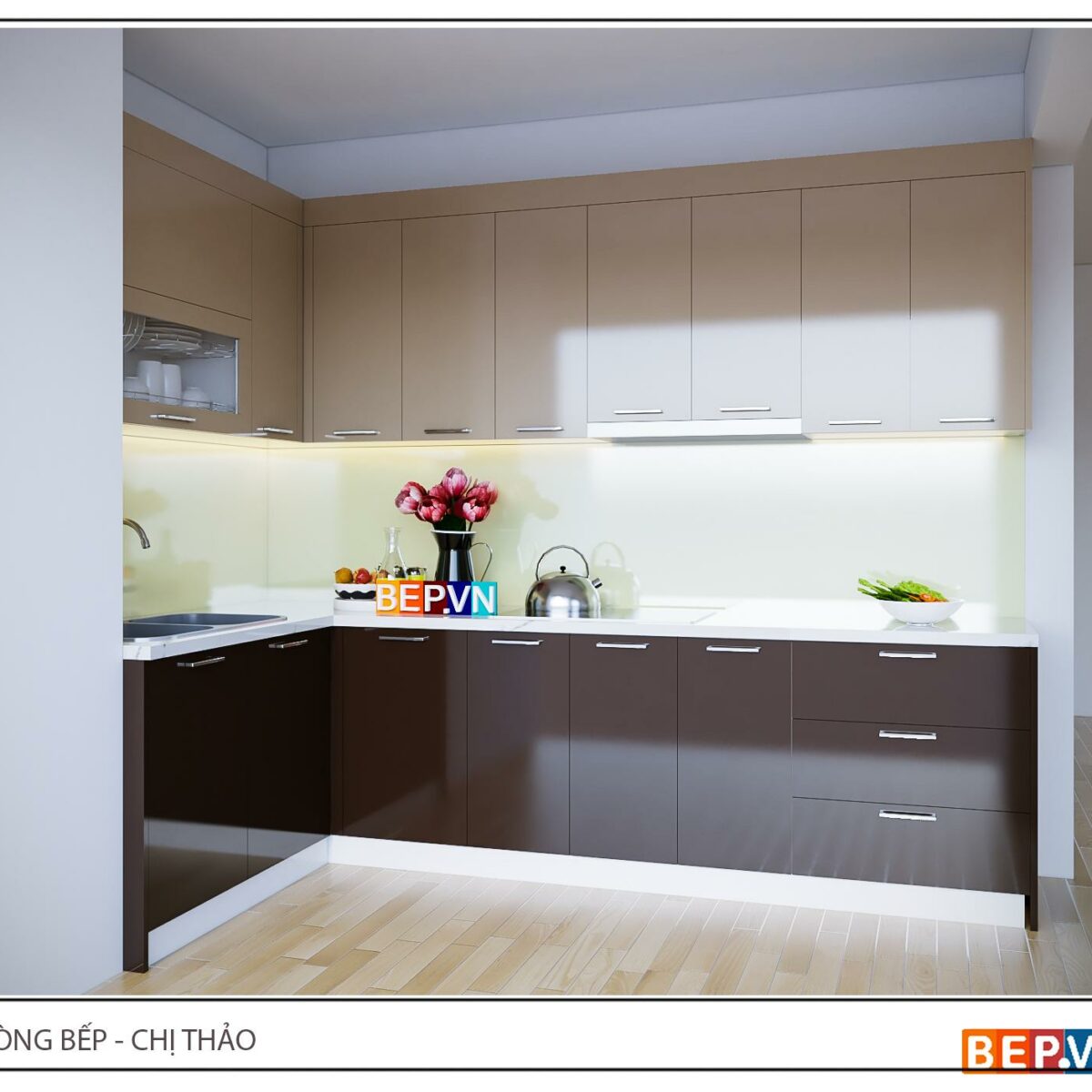 Tủ bếp Acrylic chữ L gia đình chị Thảo