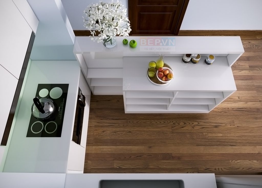 Thiết kế tủ bếp Acrylic chữ U màu trắng hiện đại gia đình chú Cường.