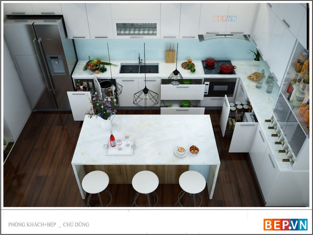 Tủ bếp thẳng chất liệu Acrylic trắng nổi bật