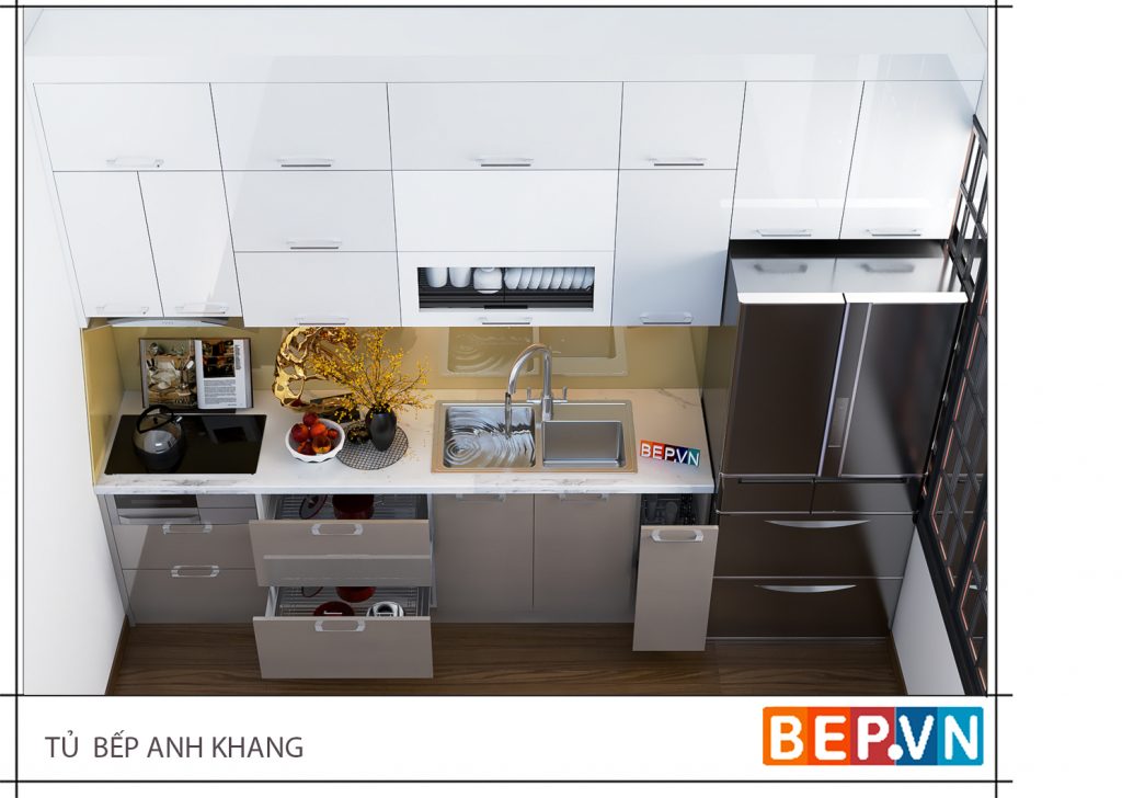 Phụ kiện tủ bếp hiện đại và chất liệu cánh tủ sang trọng tạo nên căn bếp hợp xu hướng.