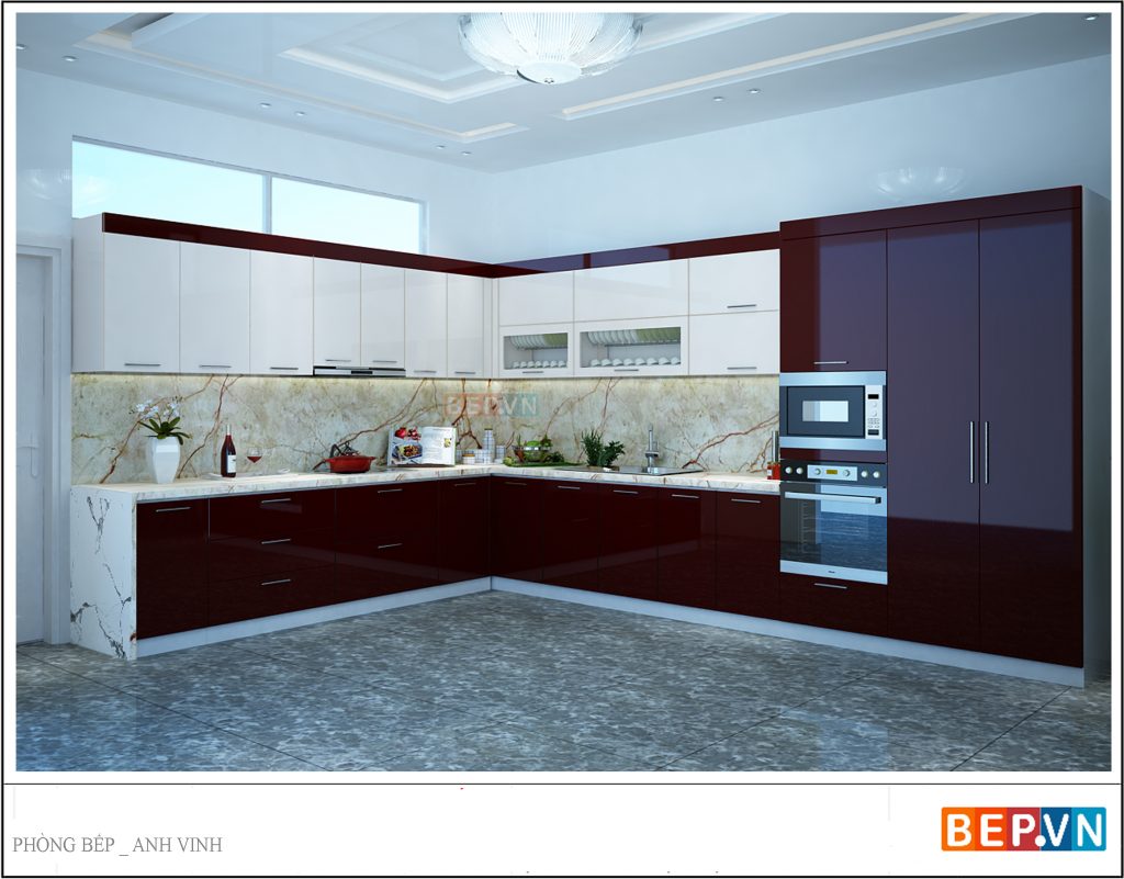 Thiết kế tủ bếp Acrylic chữ L hiện đại và sang trọng gia đình anh Vinh.
