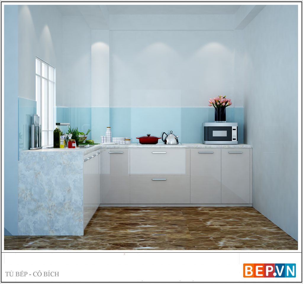 Thiết kế tủ bếp Acrylic bóng gương chữ L gia đình cô Bích