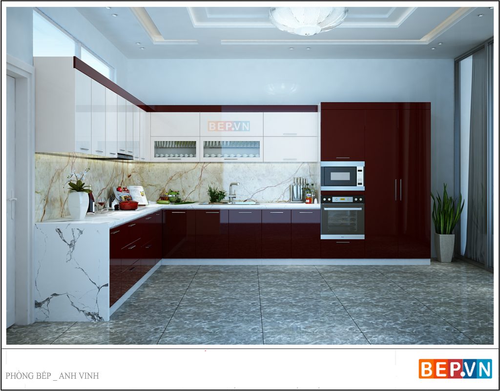 Thiết kế tủ bếp Acrylic chữ L màu đỏ hiện đại và sang trọng gia đình anh Vinh.