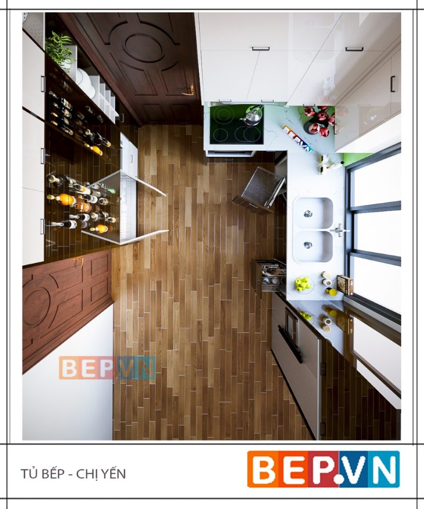 Thiết kế tủ bếp Acrylic chữ L hiện đại gia đình chị Yến với diện tích hạn chế