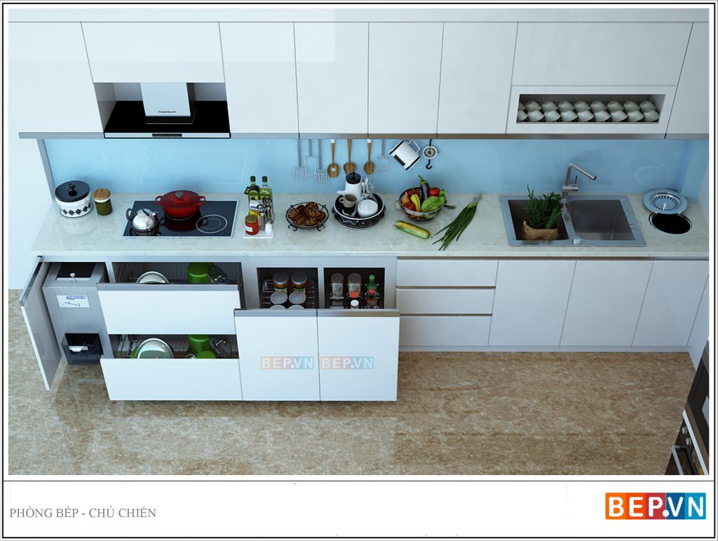 Thiết kế tủ bếp Acrylic chữ I hiện đại và sang trọng gia đình chú Chiến.