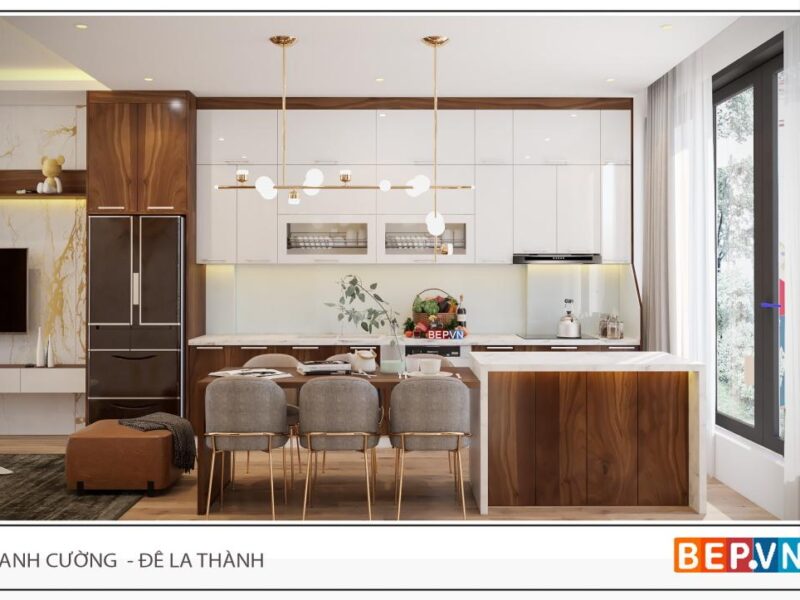 Tủ bếp thẳng có bàn đảo gia đình anh Cường - Đê la thành