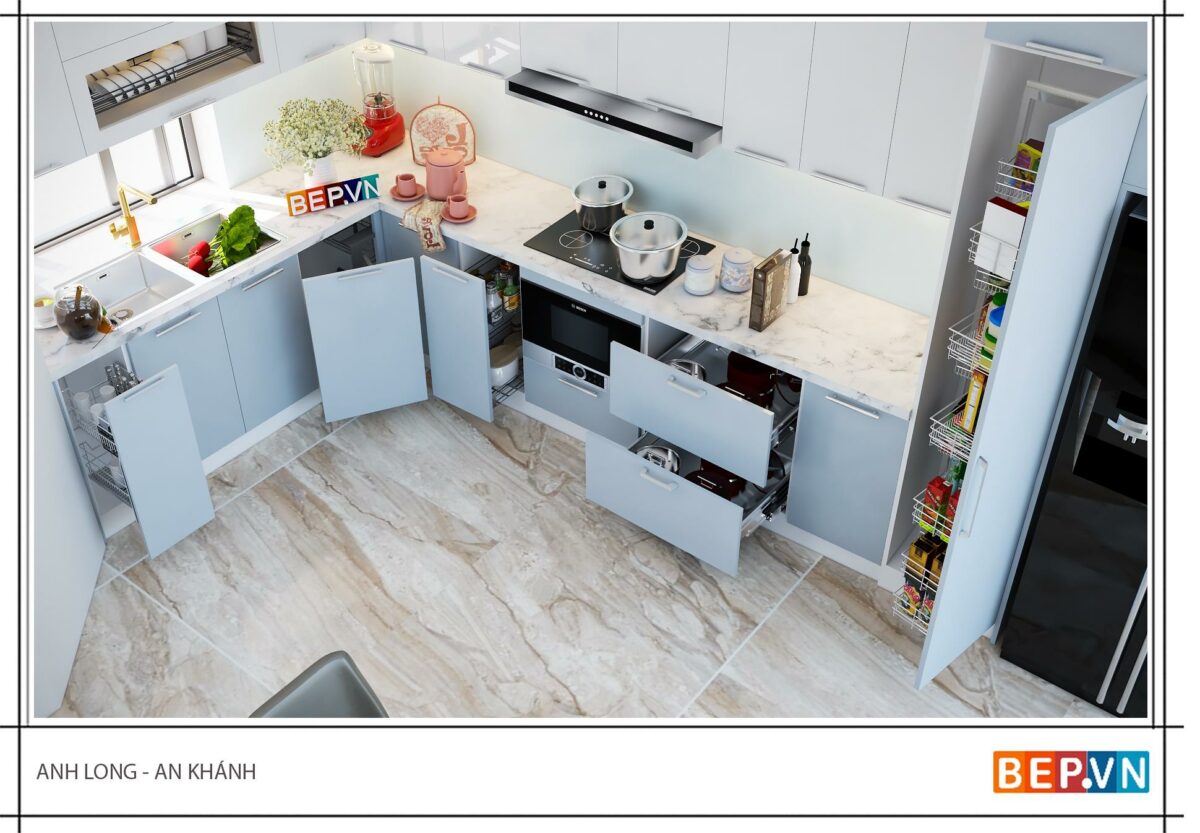 Tủ bếp Acrylic chữ L gia đình anh Long - Hình ảnh 3