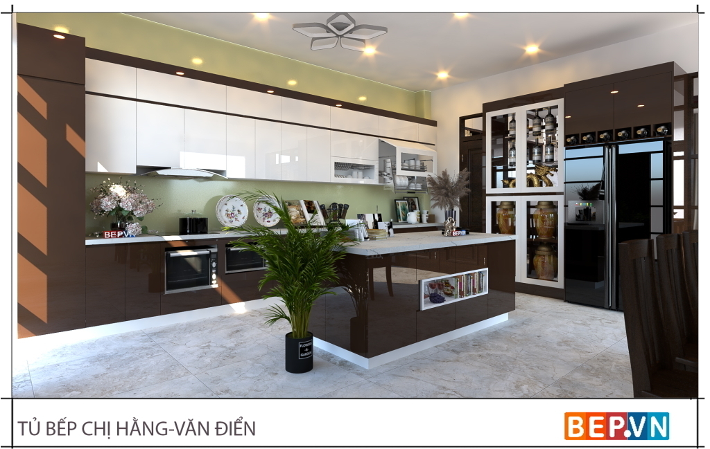 Phòng bếp với tủ bếp , bàn đảo, tủ kho kết hợp khung tủ lạnh và tủ rượu liền khối.