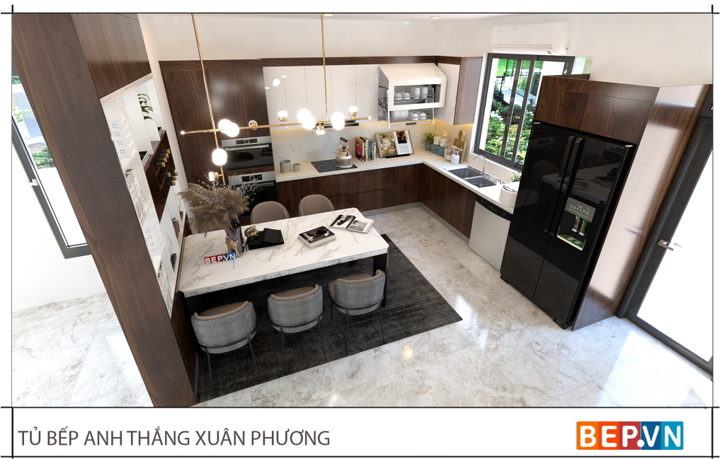 Thiết kế tủ bếp chữ L sử dụng cánh Laminate vân gỗ óc chó có khả năng chống chịu trầy xước.