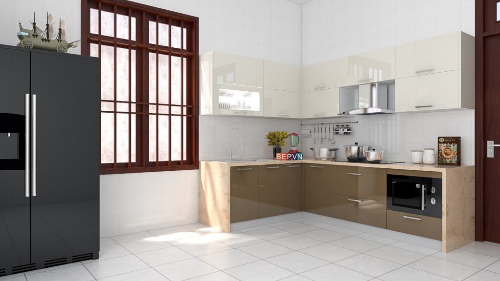 Thiết kế tủ bếp chữ L cho nhà bếp nhỏ đơn giản gia đình cô Thủy. Thiết kế tủ bếp chữ L cho nhà bếp nhỏ đơn giản gia đình cô Thủy.