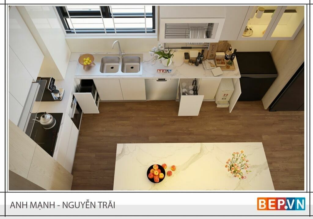 Thiết kế tủ bếp được tích hợp các phụ kiện và thiết bị bếp hiện đại nhất, thuận lợi cho người nội trợ.