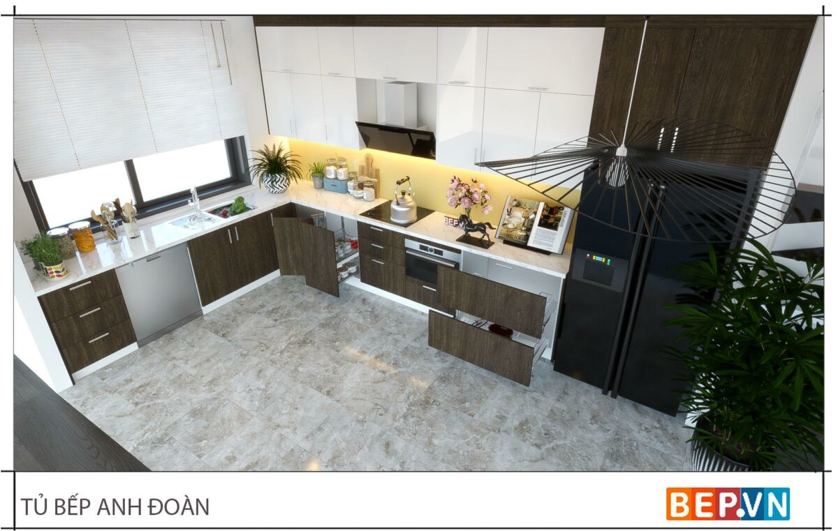 Thiết kế tủ bếp chữ L hiện đại nhà anh Đoàn - Phủ Lý