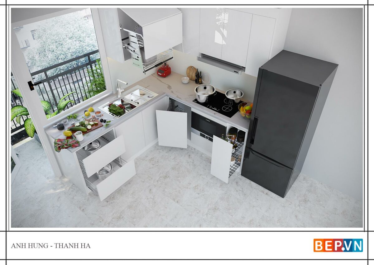 Tủ bếp chữ L đẹp, đơn giản và hiện đại anh Hưng - Thanh Hà