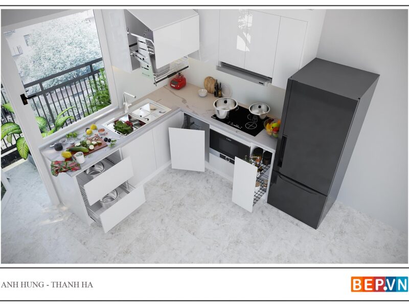 Tủ bếp chữ L đẹp, đơn giản và hiện đại anh Hưng - Thanh Hà