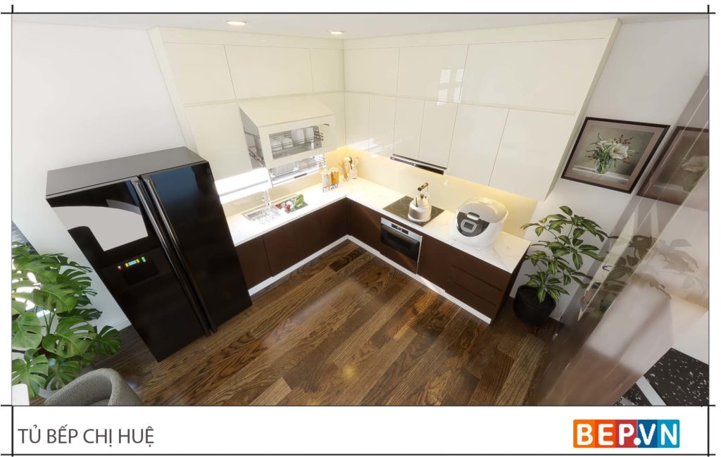 thiết kế tủ bếp chữ L đẹp hiện đại gia đình chị Huệ