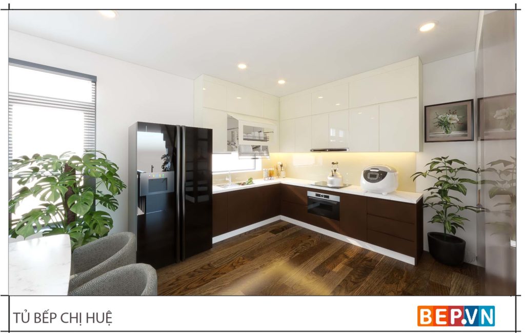 thiết kế tủ bếp chữ L đẹp hiện đại gia đình chị Huệ