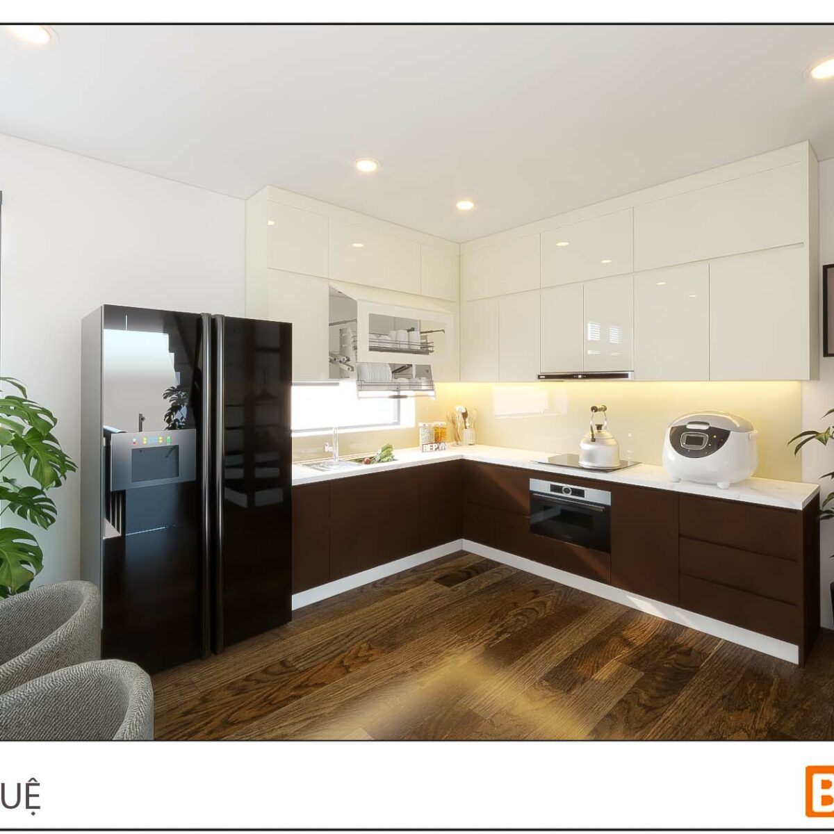 Thiết kế tủ bếp chữ L đẹp hiện đại gia đình chị Huệ