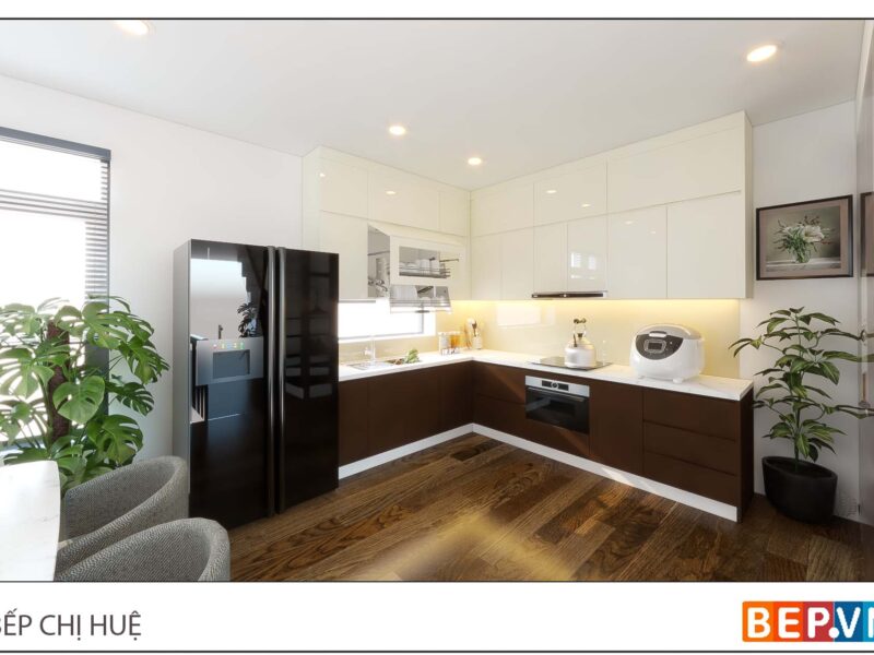 Thiết kế tủ bếp chữ L đẹp hiện đại gia đình chị Huệ