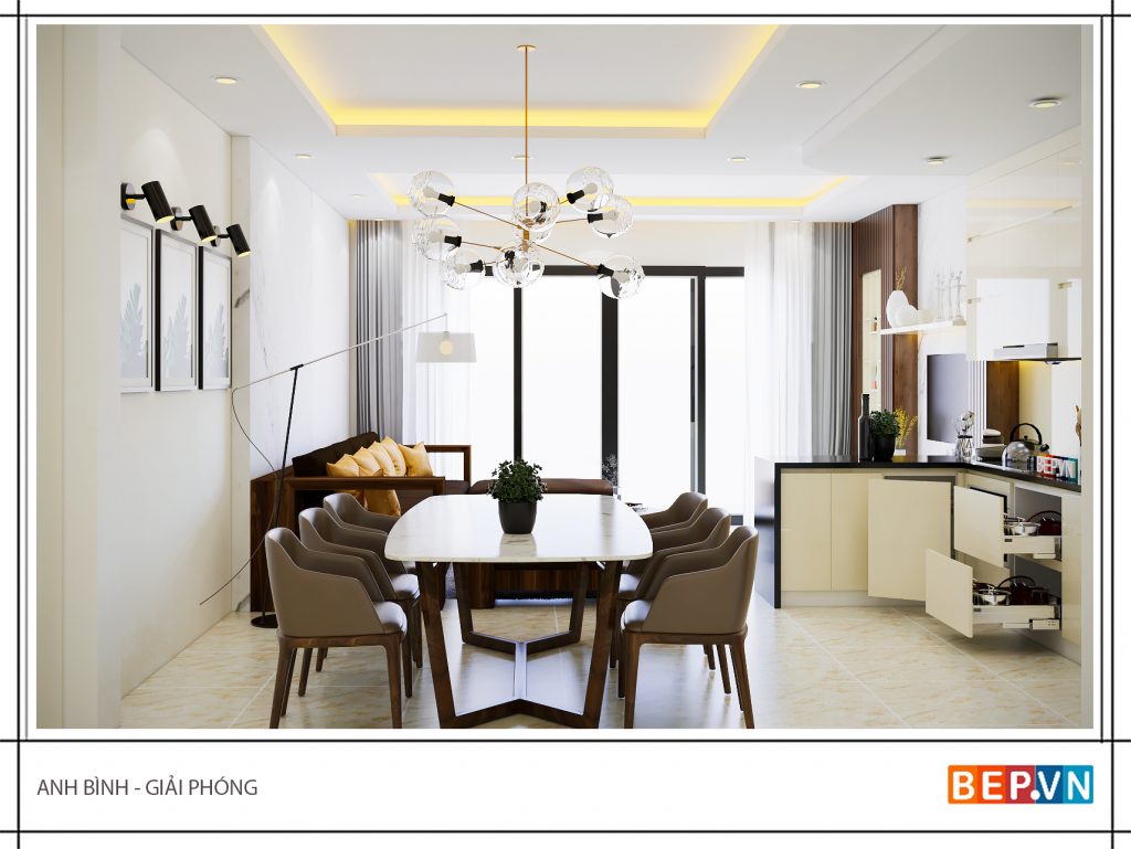 Thiết kế tủ bếp chữ L hiện đại gia đình anh Bình.