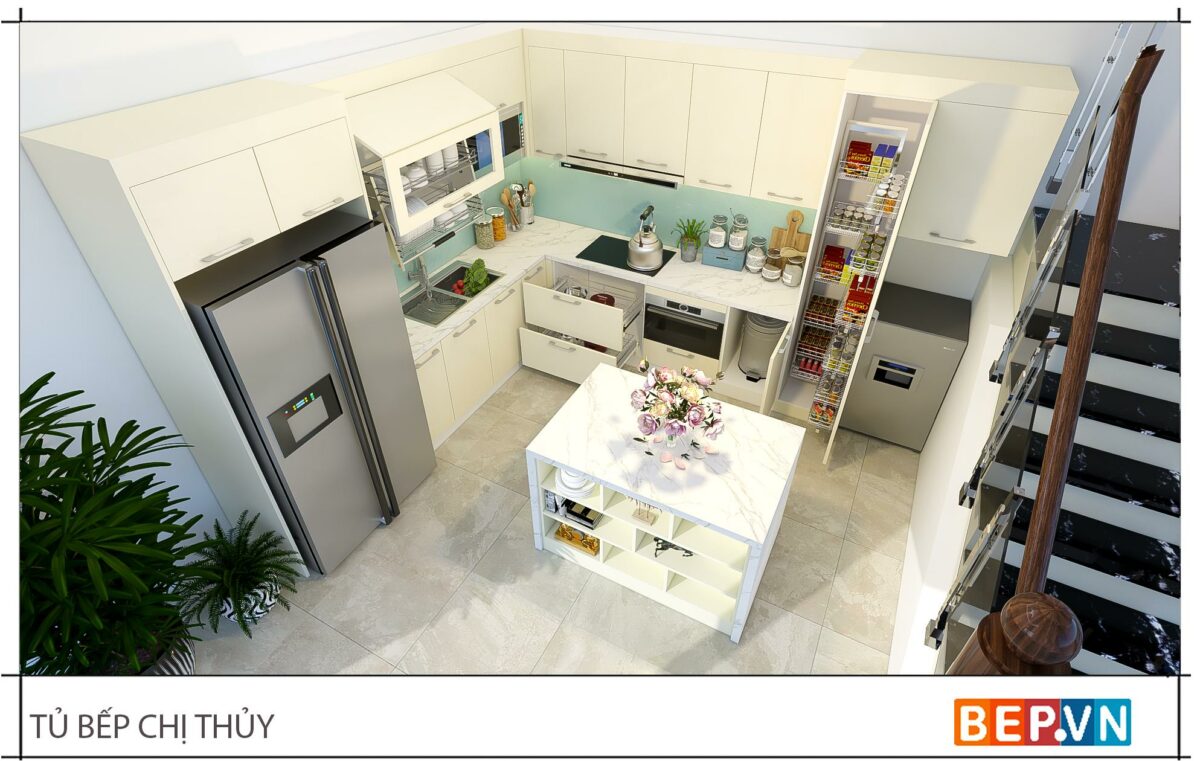 Tủ bếp chữ L kết hợp đảo bếp hiện đại gia đình chị Thủy - Phúc Minh