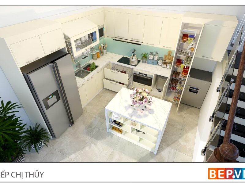 Tủ bếp chữ L kết hợp đảo bếp hiện đại gia đình chị Thủy - Phúc Minh