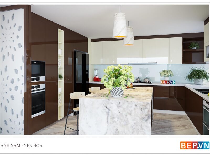 Thiết kế tủ bếp chữ L kết hợp tủ kho anh Nam - Yên Hòa