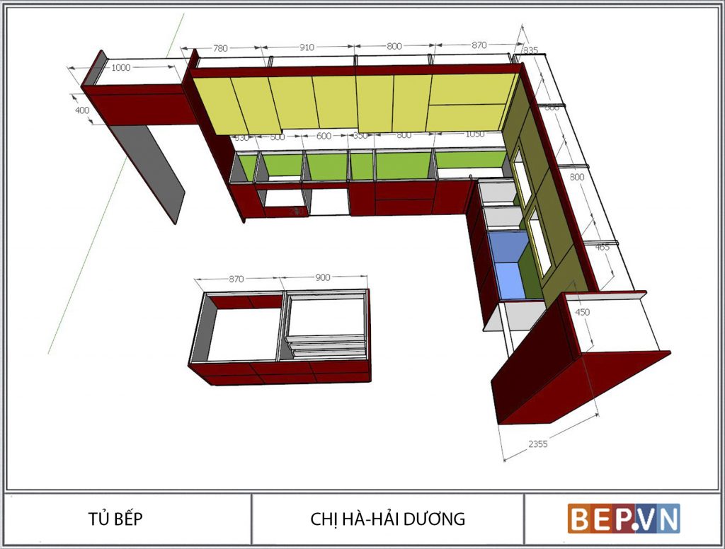 Thiết kế tủ bếp chữ L thông dụng có bàn đảo. Thiết kế tủ bếp chữ L thông dụng có bàn đảo.