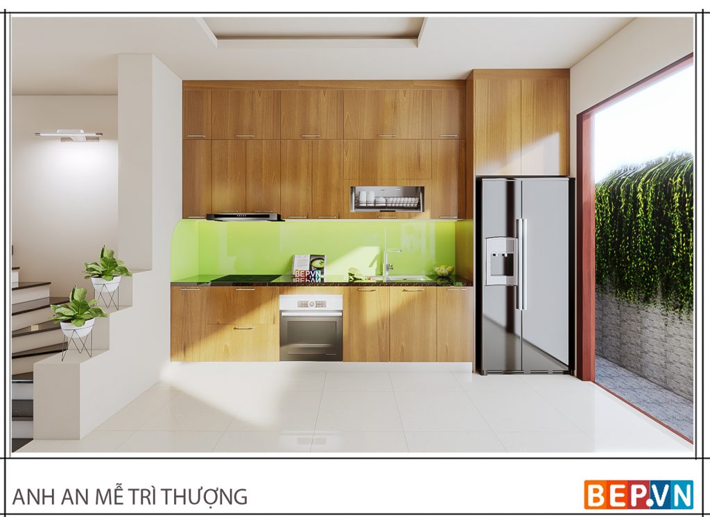 Thiết kế tủ bếp lựa chọn gam màu xanh lá cây làm điểm nhấn