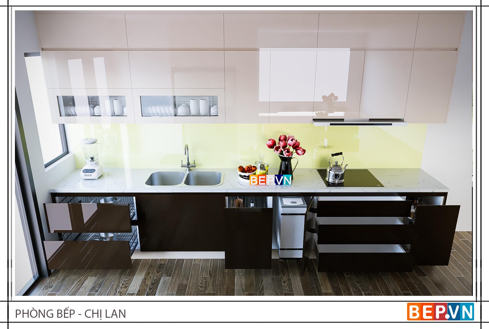 Thiết kế tủ bếp chữ i đẹp hiện đại gia đình chị Lan