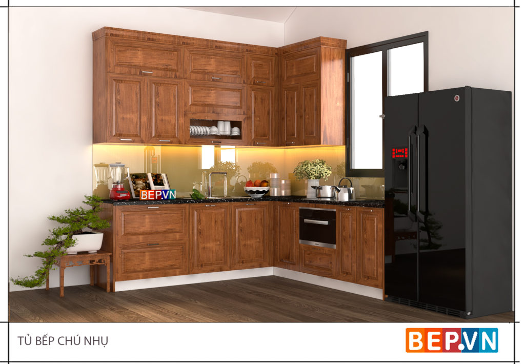 Tủ bếp chữ l sử dụng chất liệu gỗ sồi Nga
