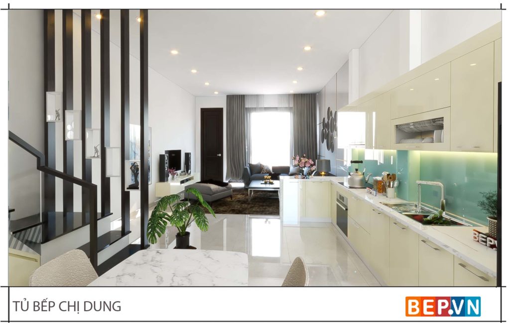 Thiết kế tủ bếp chữ L đẹp hiện đại gia đình chị Dung 2