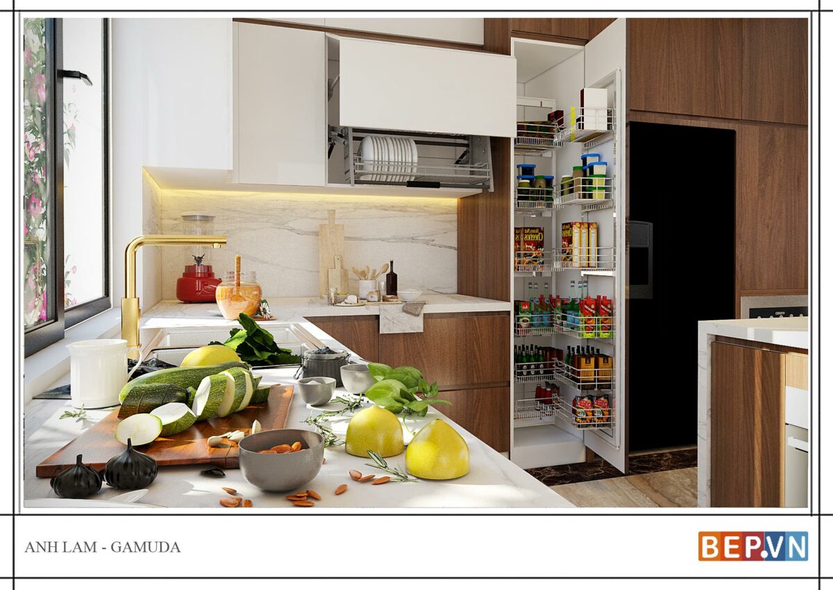 Tủ bếp chữ L Acrylic kết hợp Laminate gia đình anh Lâm-Gamuda - Hình ảnh 3