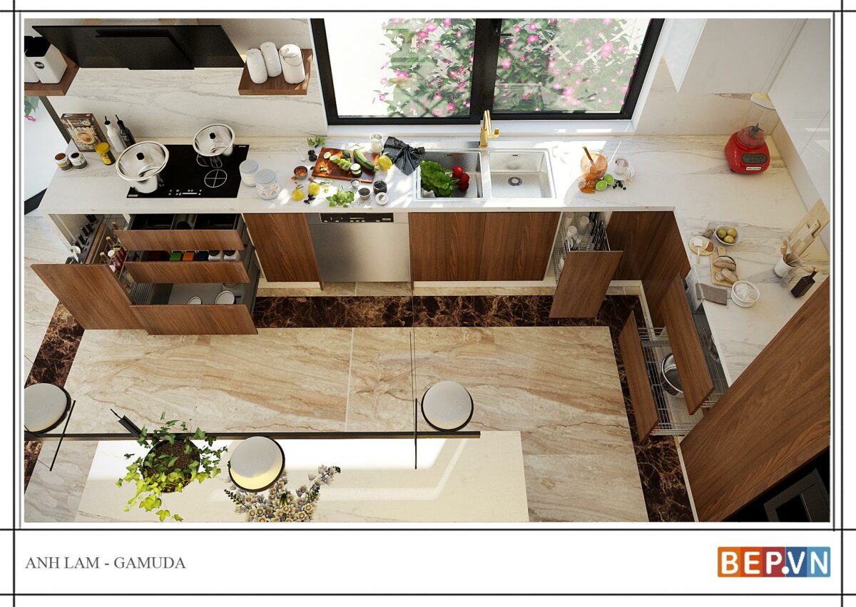 Tủ bếp chữ L Acrylic kết hợp Laminate gia đình anh Lâm-Gamuda - Hình ảnh 5