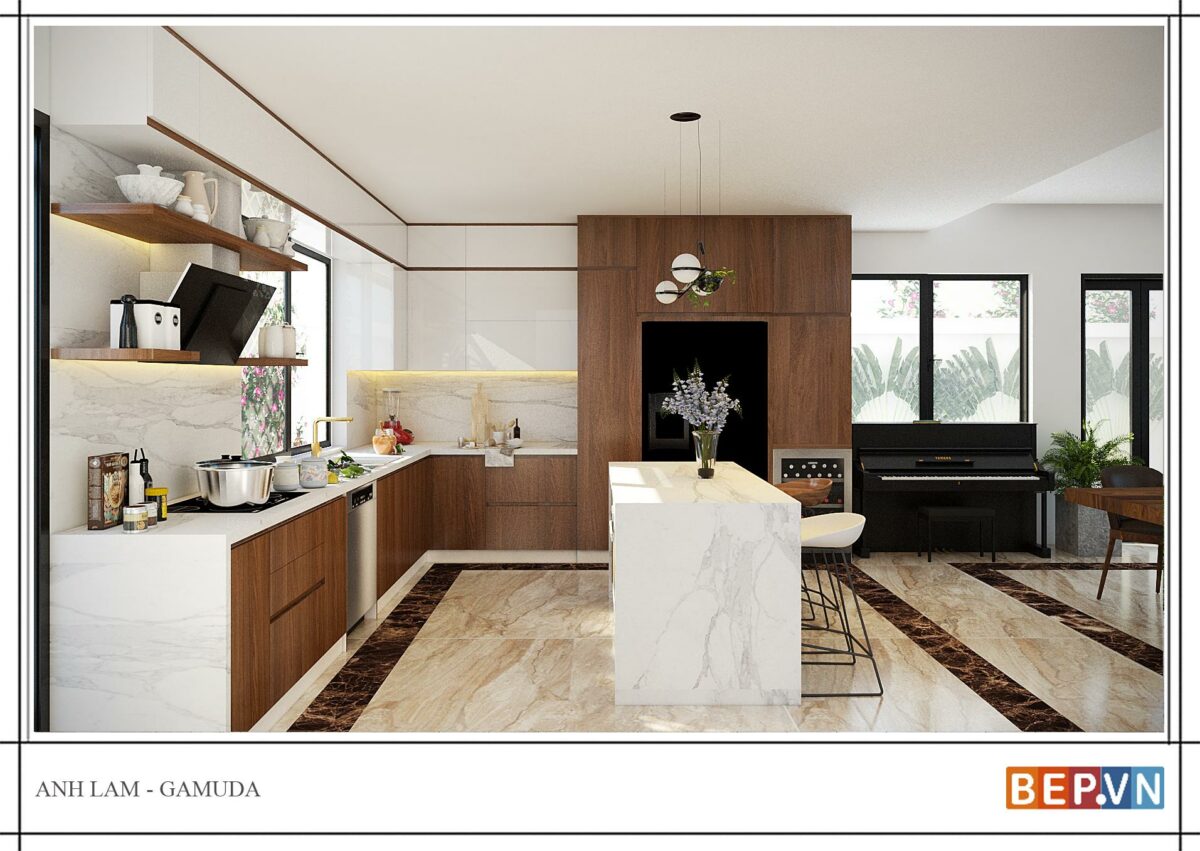 Tủ bếp chữ L Acrylic kết hợp Laminate gia đình anh Lâm-Gamuda - Hình ảnh 2