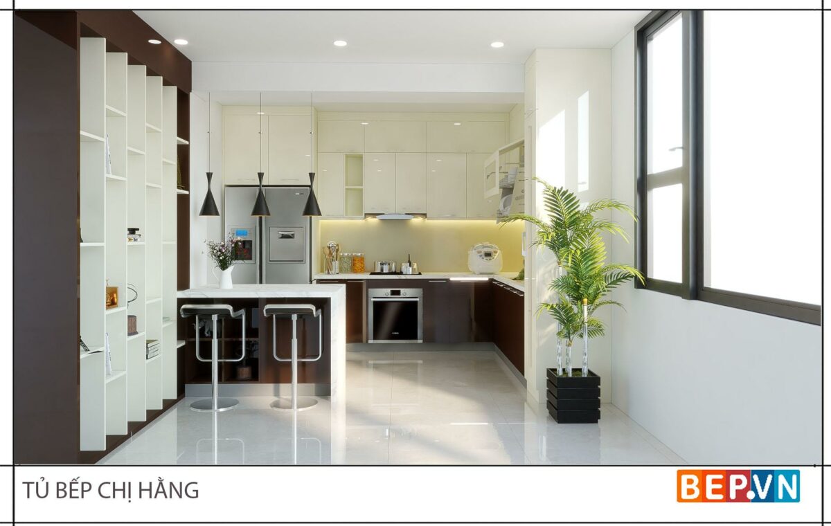Thiết kế tủ bếp chữ L hiện đại gia đình chị Hằng