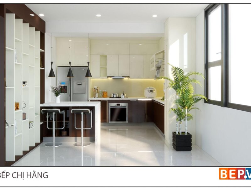 Thiết kế tủ bếp chữ L hiện đại gia đình chị Hằng