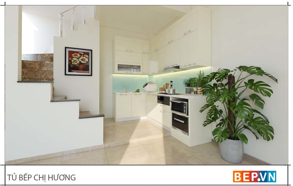 thiết kế tủ bếp chữ L đẹp hiện đại gia đình chị Hương 1