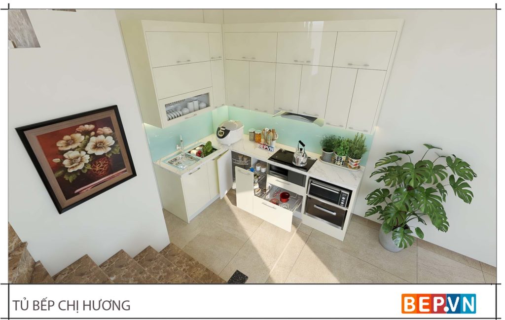 thiết kế tủ bếp chữ L đẹp hiện đại gia đình chị Hương