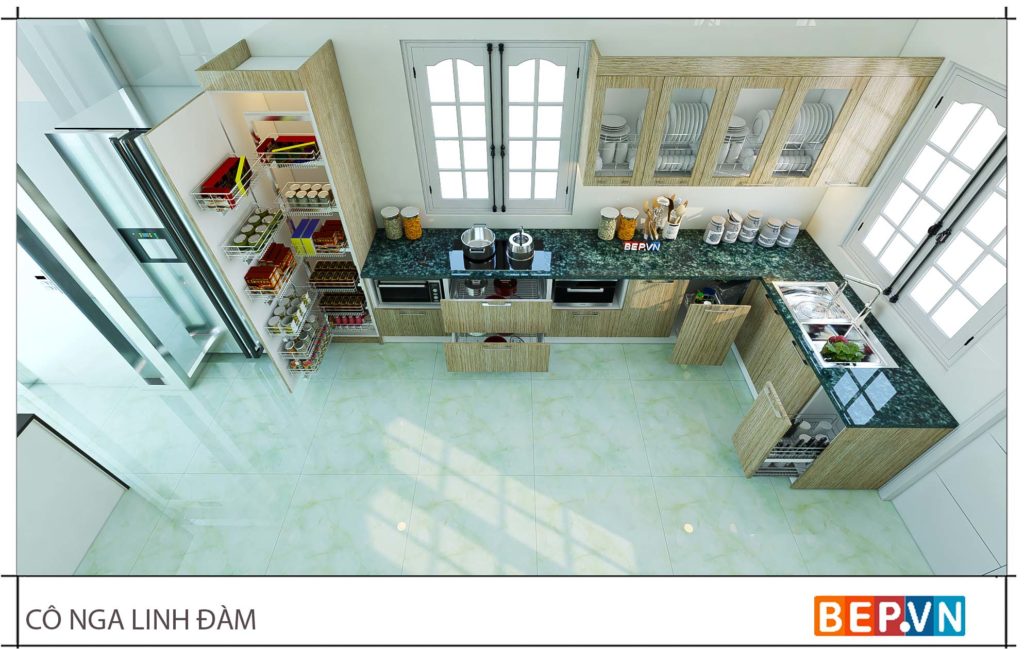 thiết kế tủ bếp chữ L đẹp gia đình cô Nga