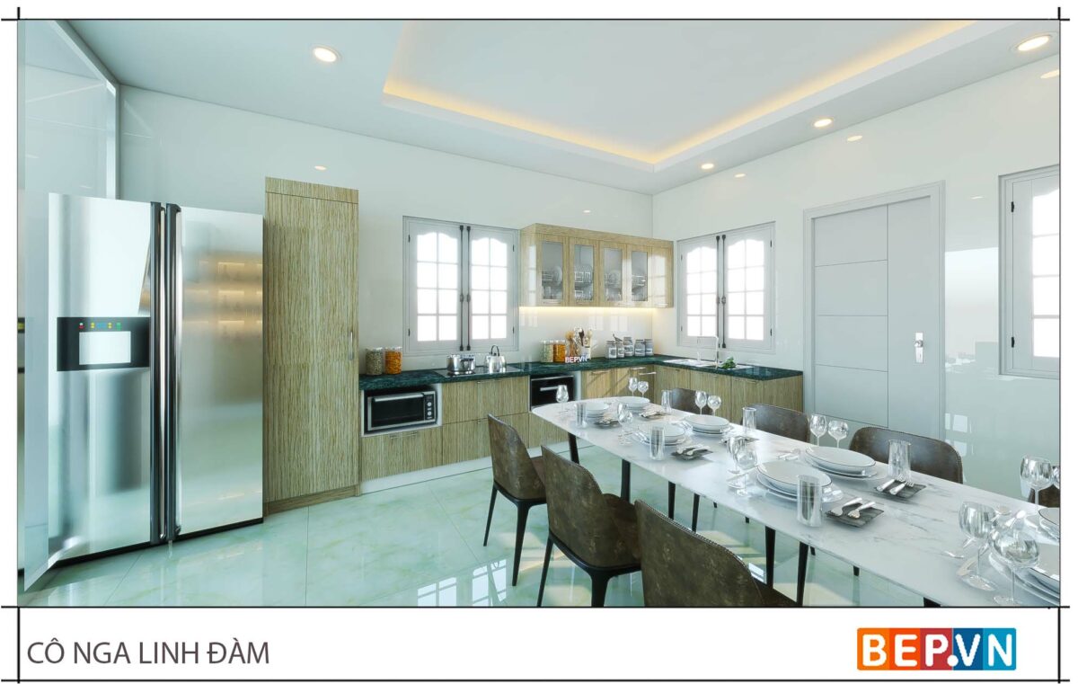 Thiết kế tủ bếp chữ L đẹp hiện đại gia đình cô Nga - Linh Đàm