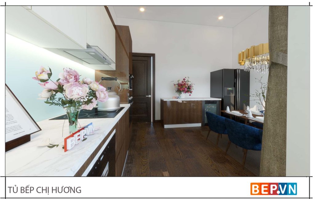 thiết kế tủ bếp chữ l đẹp hiện đại gia đình chị Hương
